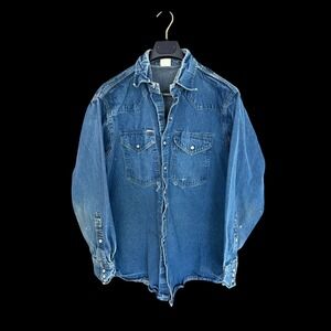 Rasco FR XL Long Blue Denim Western Pearl Snap Distressed Shirt USA